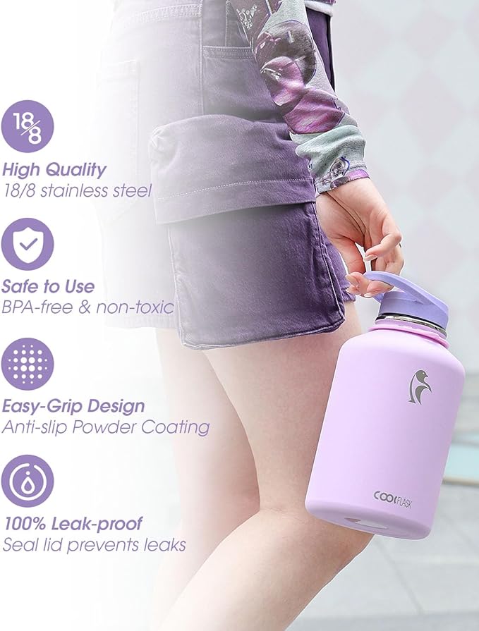 Coolflask Half Gallon Water Bottle with Strap, 64oz Insulated Water Jug Stainless Steel with Straw & Spout Lids, Metal Large Water Flask, Keep Cold 48h Hot 24h, Leak Proof & Non-BPA, Lavender