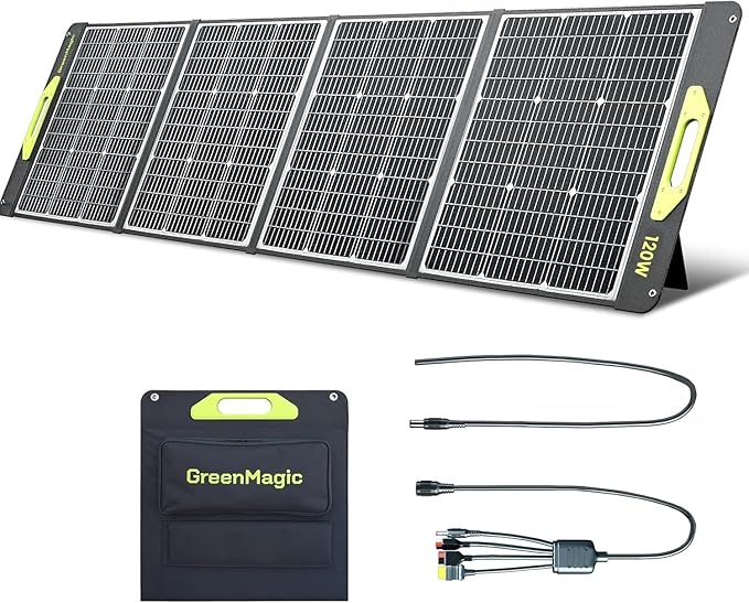 120W Portable Solar Panel, Greenmagic Foldable 120W Solar Panel 19V for Outdoor Camping RV Home, IP67 Waterproof with an Adjustable Kickstand Case, High 23% Efficiency