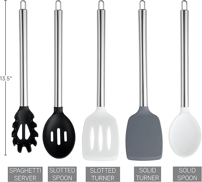 COOK WITH COLOR Silicone Cooking Utensils, Kitchen Utensil Set, Easy to Clean Silicone Kitchen Utensils, Cooking Utensils for Nonstick Cookware, Kitchen Gadgets Set, 5 Pieces, Black/White