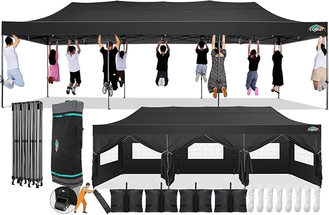 COBIZI 10x30 Pop Up Canopy with 8 Sidewall,Heavy Duty UPF 50+ All Season Wind Waterproof Commercial Outdoor Wedding Party Tents for Parties Canopy Gazebo with Roller Bag(10 x 30 ft Black)