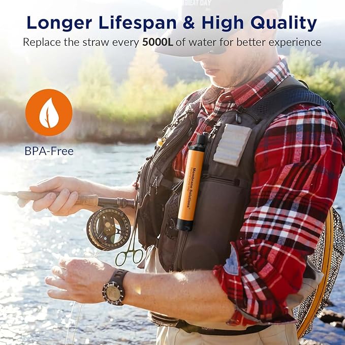 Membrane Solutions Straw Water Filter S1, NSF/ANSI 42&372&401 certificated, Survival Filtration Portable Gear, Emergency Preparedness, Supply for Drinking Hiking Camping Team Family Outing
