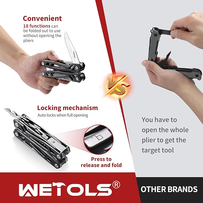 Gifts for Men Him Dad, WETOLS 21-in-1 Multitools with Pocket Knife, Stainless Steel Self-locking Pliers with 8 Screwdriver Bits, Multi Tool Camping Gear, EDC Knife with Pouch for Outdoor Survival