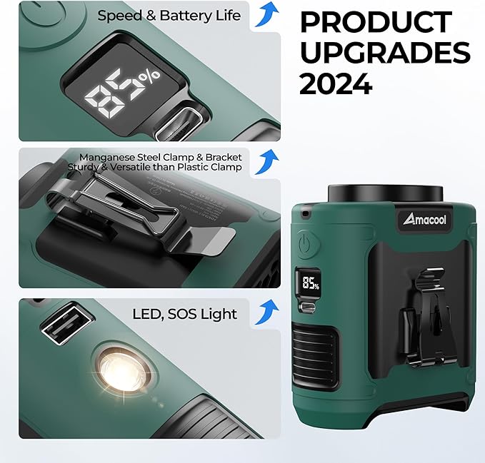 AMACOOL Portable Waist Fan Clip On, MAX 40H Runtime, 10000mAh Rechargeable Wearable Shirt Fan, 16000RPM Powerful 5 Speed Belt Fans Personal Cooling Fans for Outdoor Camping Travel (Dark Green)