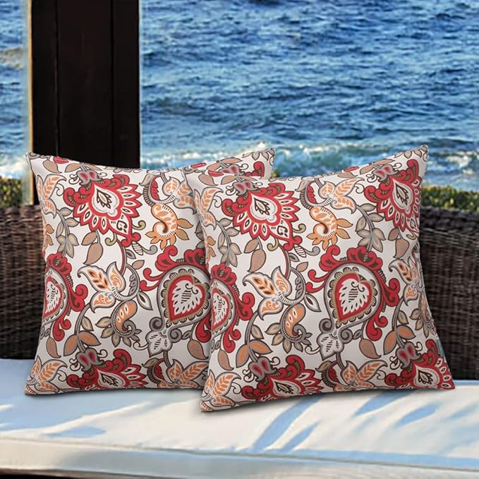 Magpie Fabrcis Pack of 2 Outdoor Waterproof Throw Pillow with Insert 18 x 18 Inch, Christmas Decorative Back Cushion Pad for Garden Patio Tent Balcony Couch Sofa(Floral Red Orange)