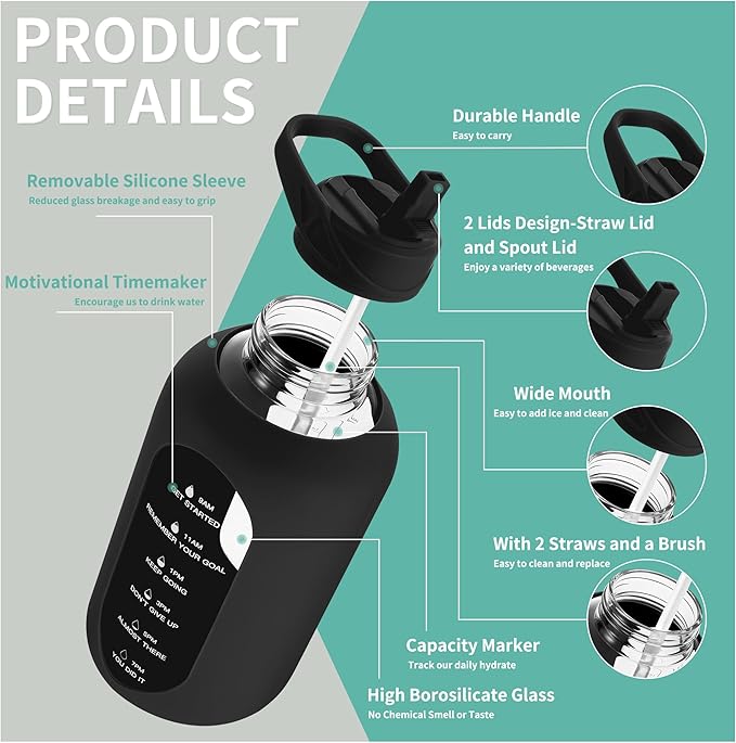 CIVAGO 64 oz Glass Water Bottle Jug with Straw and Handle, Half Gallon Sports Motivational Bottle with Time Marker, Large Flask Canteen with Silicone Sleeve for Gym, Army Green