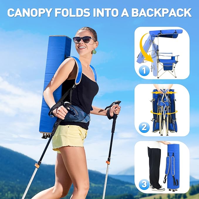 MENOLY Camping Chair with Shade Canopy, Folding Canopy Chair with Cooler Bag for Outdoor Sports, Lawn Chairs with Extra Storage Space, Sturdy Steel Frame for Camping, Beach, Tailgates, Fishing