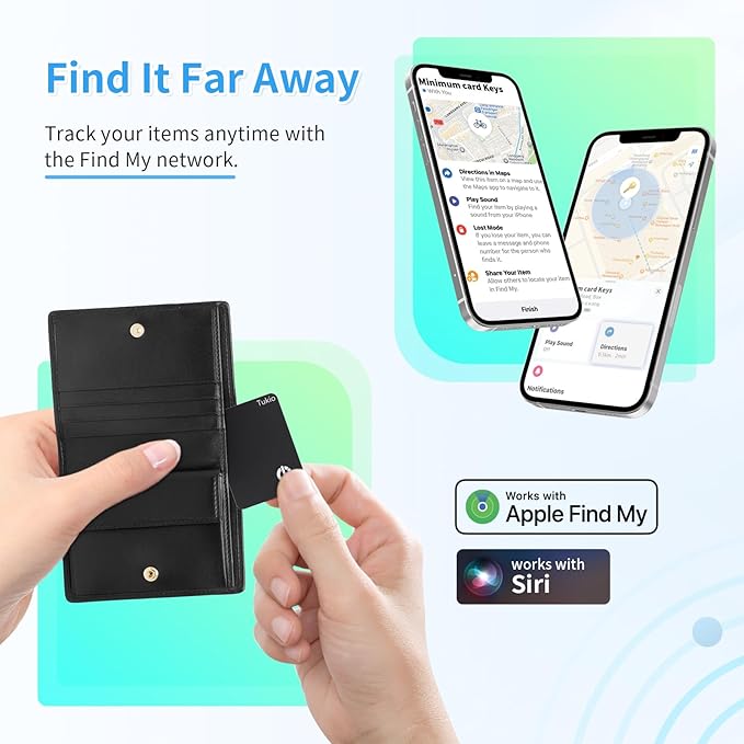 Smart Card (Black) 2 Pack, Smart Wallet Tracker Card Compatible with Apple Find My (iOS only), Bluetooth Tracker with Wireless Charging, IP68 Waterproof Finder, Item Finder with Key Ring/Nylon Lanyard