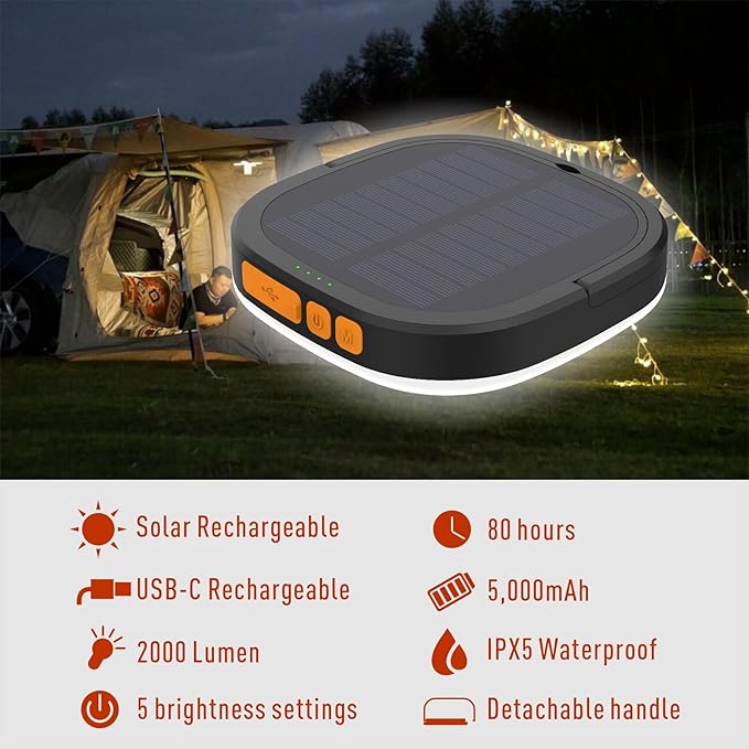 LED Camping Lantern, Solar Lanterns, 5000mAh Rechargeable Light 2000 Lumens 5 Light Modes, IP65 Waterproof with USB Charging – Lanterns for Power outages Hurricane, Hiking, Fish, Emergency, and Home