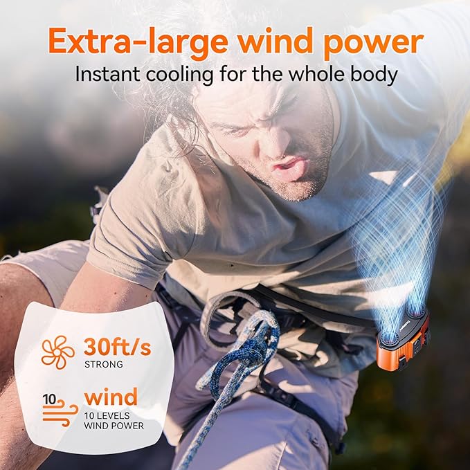 24000mAh Personal Waist Fan, USB Rechargeable Clip The Waist For Working,10 Speed & 40H Cooling and Heatstroke Prevention For Outdoor Travel Camping (orange, 24000mAh)