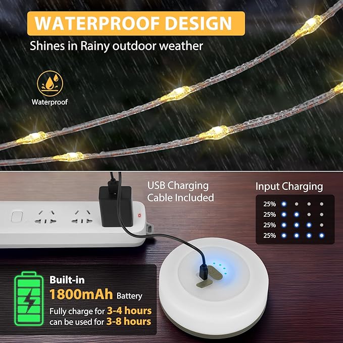 Camping String Lights, 4 in 1 Quick Storage Camping Essentials Gear 32.8FT Rechargeable Tent Lights with 9 Modes Hanging Waterproof LED Camp Lamp for Hiking Patio Awning Garden Halloween Xmas Festival