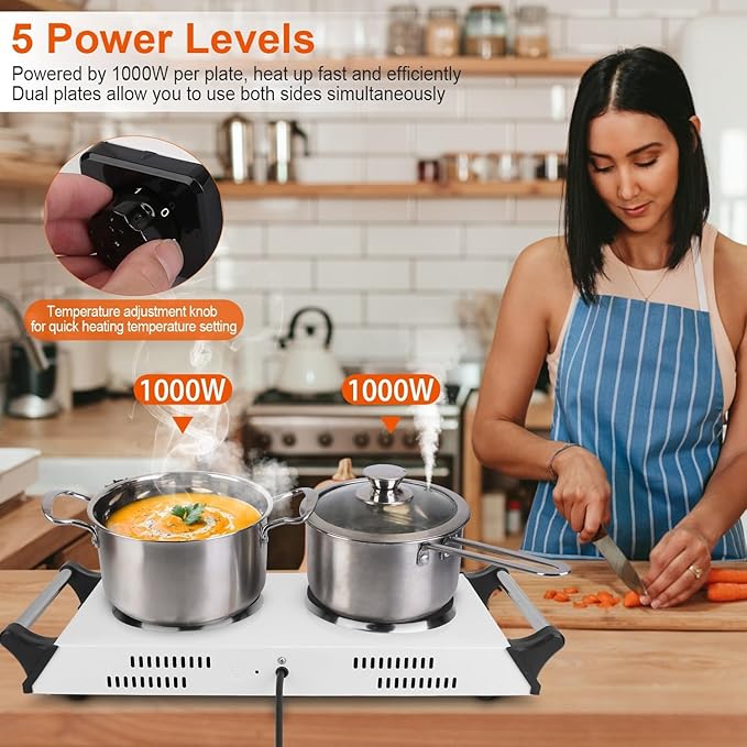 Hot Plate, 2000W Portable Electric Double Burner W/5 Level Temperature Control & Stay Cool Handles, Easy to Clean, Lightweight Cast Iron Electric Stove for Kitchen Camping Cooking, 110V