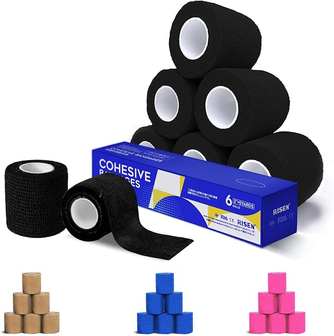 RISEN Cohesive Bandage 2” x 5 Yards, 6 Rolls, Self Adherent Wrap Medical Tape, Adhesive Flexible Breathable First Aid Gauze Ideal for Stretch Athletic