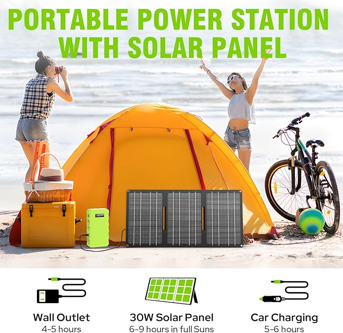 Portable Power Bank with Panel, 24000mAh Portable Power Station with 30W Solar Panel, Lithium Battery Power 110V/88Wh AC, DC, USB QC3.0 for Home Camping Emergency Backup