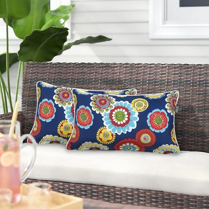 Magpie Fabrics Pack of 2 Outdoor Waterproof Lumbar Rectangular Throw Pillow with Insert 12x20 Inch, Home Decorative Toss Cushion for Patio Garden Car Office (Floral Navy)