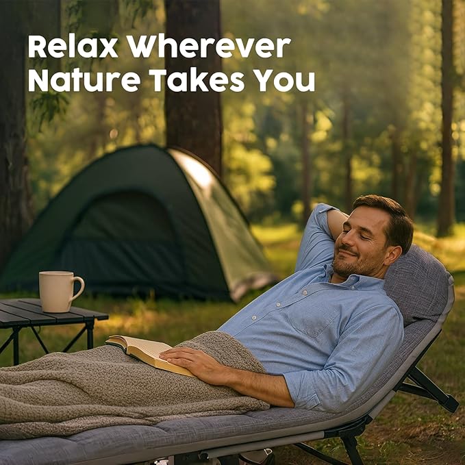 Oxford and Steel Frame 6-Angle Adjustable Foldable Bed Folding Camping Cot Bed with Extra Wide Padded Mattress Support for Adults Outdoor Travel Tent Use(Gray, Extra Large - 80 * 28")