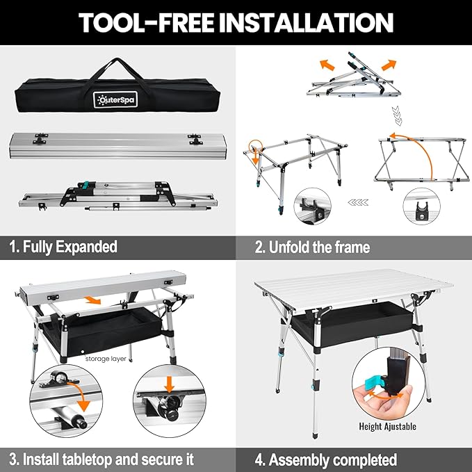 Portable Camping Table with Adjustable Legs, Lightweight Aluminum Folding Table Foldable Table for Outdoor Cooking, Picnic, Beach, Backyards, Rectangular