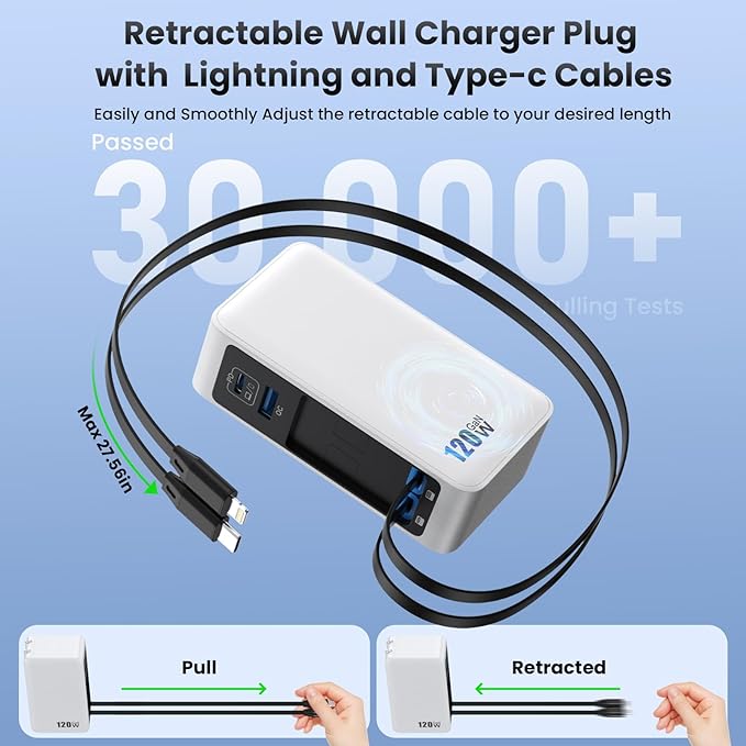 USB C Charger Block 120W with Built-in 2 Retractable Cables,4-in-1 GaN IV Charger Fast Charging Foldable Plug Wall Charger,PD 65W Laptop Charger for MacBook,iPad,iPhone 17/16/15,Galaxy,Android-White
