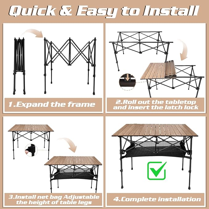 Aluminum Folding Camp Table w/Storage Bag, Roll Up Surface Portable Camping Table Height Adjustable Outdoor Indoor Use for Camping Picnic BBQ Backyard