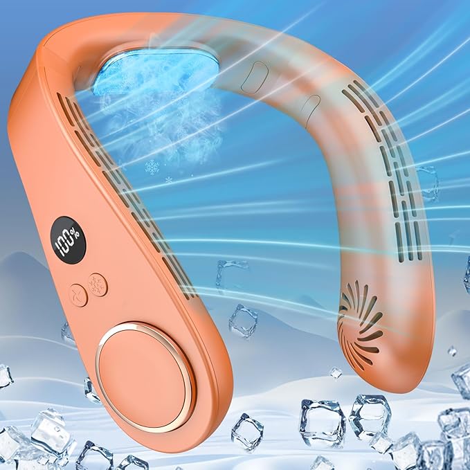Neck Fan Rechargeable,Portable Neck Fans that Blow Cold Air,Ice Piece of Metal Cool Plates AC Condition,Bladless Coldest Wear USB C Charger Adjustable Breezers Tool for Travel Camping Outdoor Orange