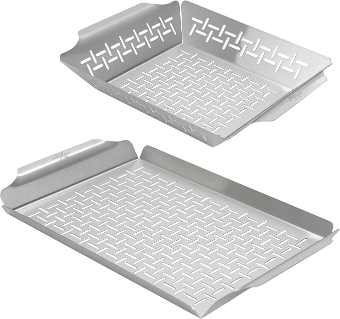 LITTLE GRIDDLE GT-525 Grill Pan and Grill Basket Set, High Sidewalls with Built-in Handles, Stainless Steel & Vented Design - Silver