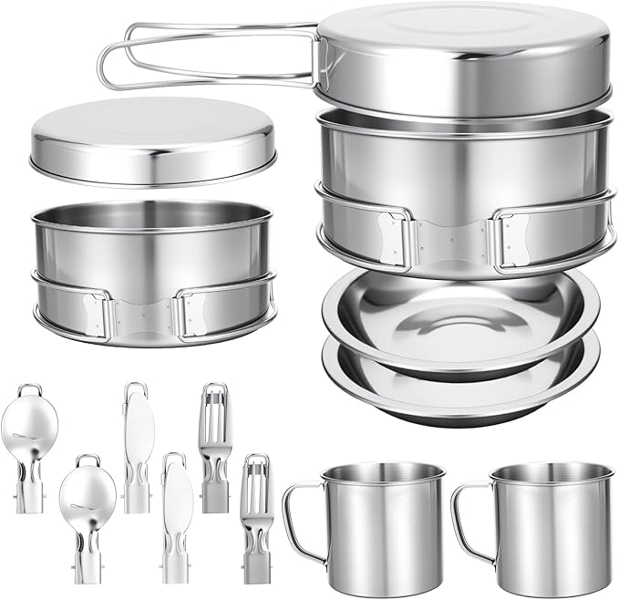 15 Pcs Camping Cookware Set, Stainless Steel Outdoor Camping Cooking Kit with Pot and Pan Cups Plates Forks Knives Spoons Kit for 1-2 Person Camping, Backpacking, Outdoor Cooking and Picnic