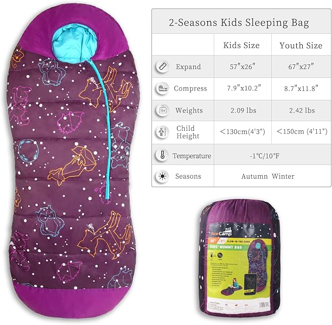 AceCamp Glow in The Dark Mummy Sleeping Bag for Kids and Youth, Temperature Rating 30°F/-1°C, Water-Resistant for Camping, Hiking, and Slumber Party