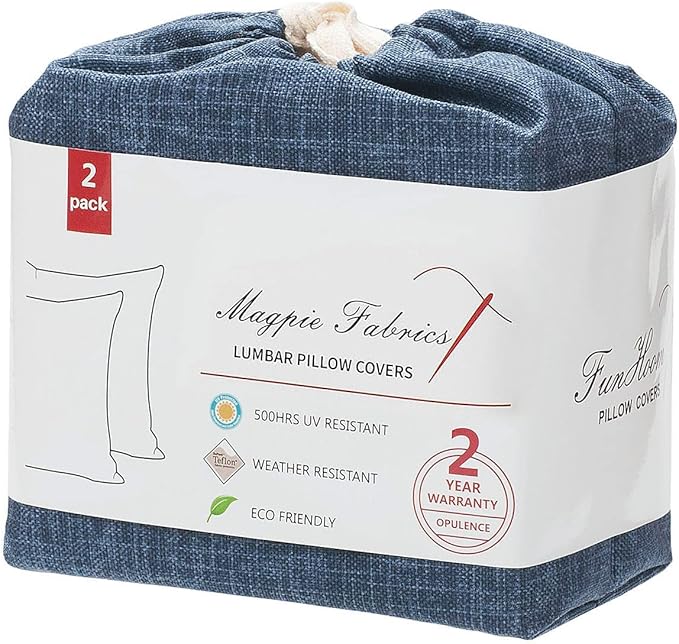 Magpie Fabrics Pack of 2 Outdoor Lumbar Pillow Case Covers 12"x20", Waterproof Rectangular Throw Pillowcase Shell Decorative Sham for Patio Garden Couch - Navy Blue Textured