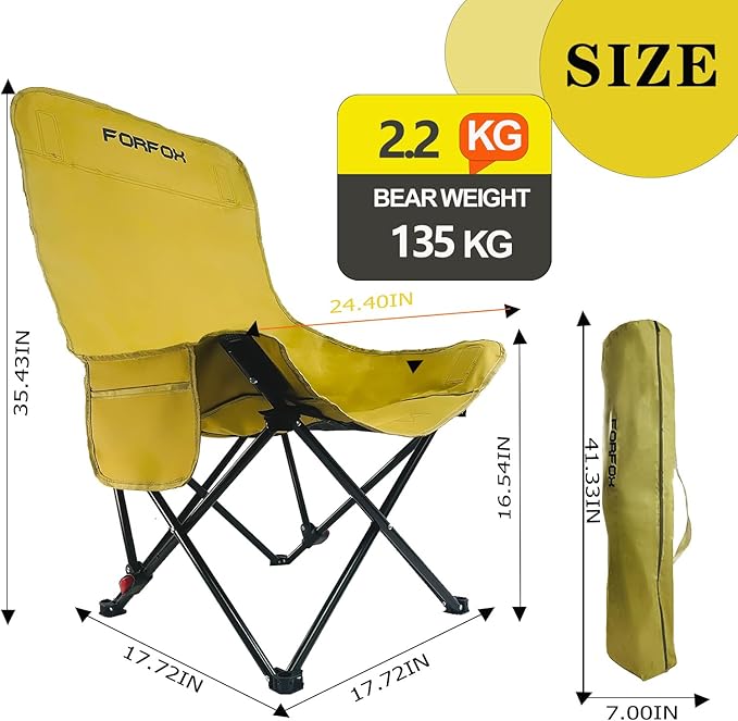 Adjustable Portable Folding Camping Chair with High Back, Side Pockets, Headrest, Lightweight Lawn Chair for Outdoor Camping, Beach, Leisure and Adults (Khaki Single Cloth Thin)