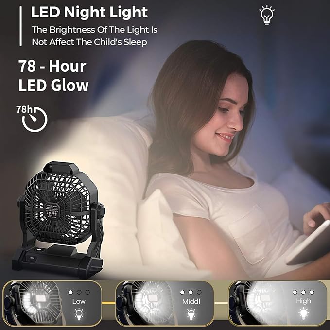 Portable Fan Rechargeable, 25400mAh Cordless Battery Powered Fan with LED Lantern, USB C Battery Operated for Travel Bedroom Home Camping Tent Office Beach Desk Fishing Table