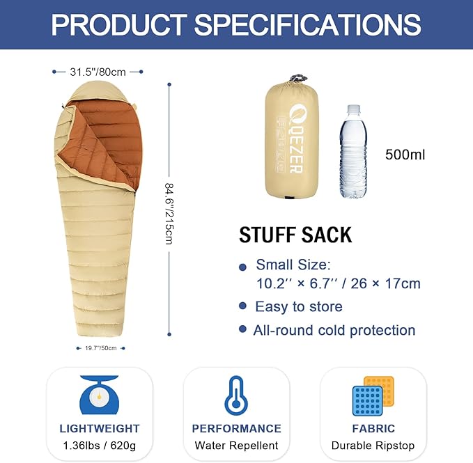 Ultralight Down Sleeping Bag for Adults with 600 Fill Power, Compact Sleeping Bag for Backpacking, Hiking and Camping