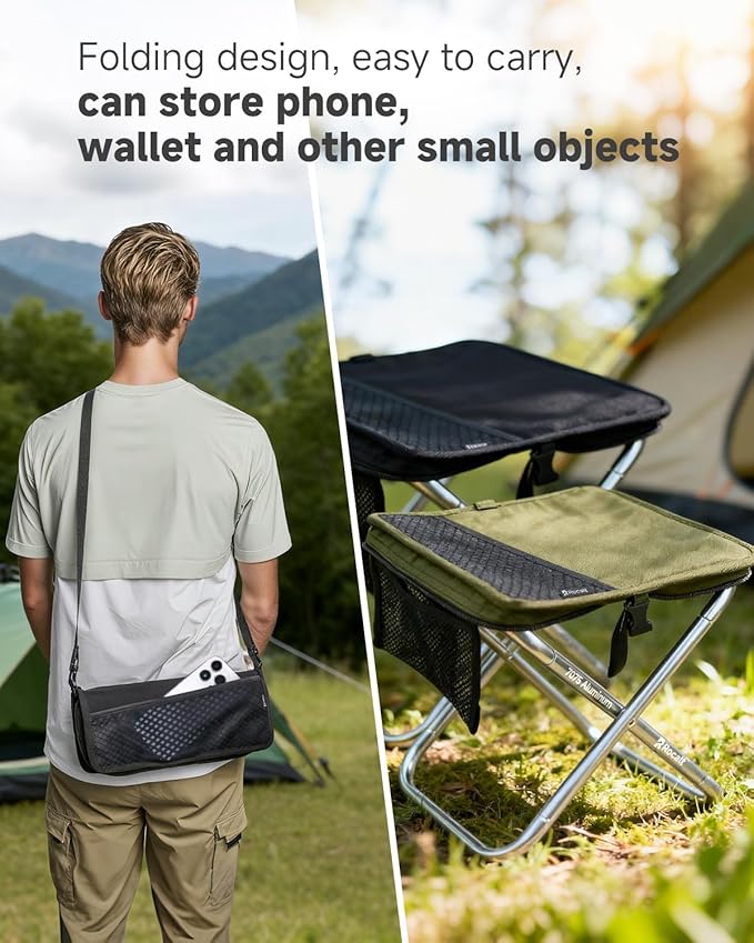Rocalt Camping Portable Stool, Ultralight Folding Stool, Aircraft-Grade Aluminum Pocket Chairs for Adults, Outdoor Travel Stool, Fishing Chair with Built-in Storage Gag, Handbag Style