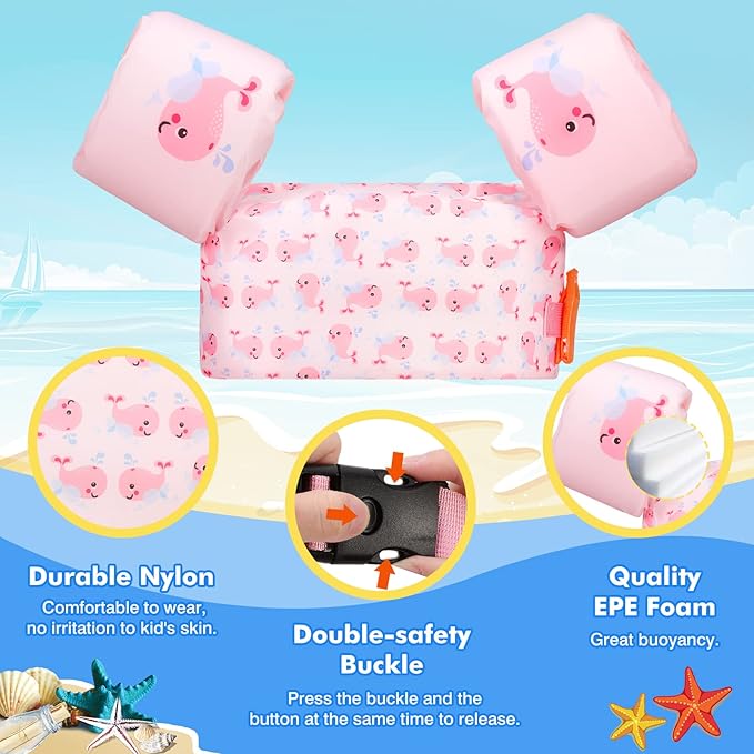 MoKo Toddler Swim Vest for Kids 20-50lbs, Lovely Cartoon Swimming Wings Pool Floats Sleeve Children Swim Arm Band Water Sports Learning Swim Training Equipment, Pink Whale