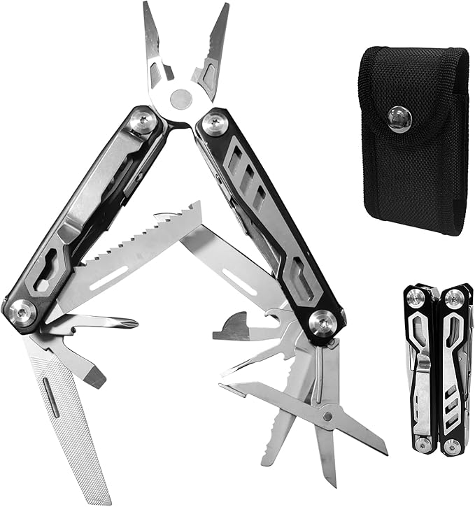 Gifts for Men, KUPERIA Multitool Needle Nose Pliers, 16-in-1 Stainless Steel Multi Tool Pocket Knife, Cool Gadgets, Survival Knife with EDC Pouch Used as Bottle Opener, Screwdriver, saw etc