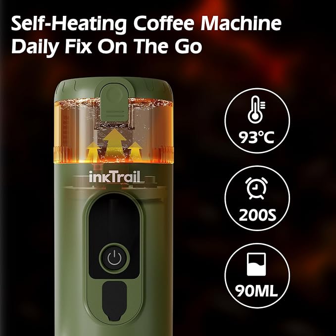 InkTrail Portable Electric Espresso Machine,Travel Coffee Maker for Camping, Self-Heating with Rechargeable Battery, Compatible with Ground Coffee & NS Original Capsule for Car, RV, Hiking, Office
