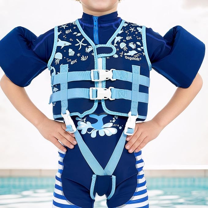 Gogokids Swim Vest for Kids Learn to Swim, Toddler Floaties Fit 20-50 lbs Girls & Boys, Buoyancy Jacket Swimming Aid with Duel Adjustable Safety Strap and Padded Crotch Straps