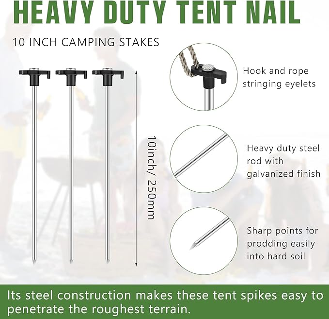 Shimeyao 10" Tent Stakes Camping Heavy Duty Stakes Bulk Metal Ground Pegs Camping Spikes Galvanized for Outdoor Pitching Canopy