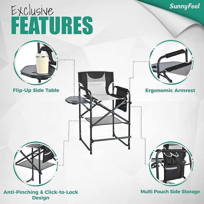 SUNNYFEEL Tall Camping Directors Chair, Portable Folding Artist Makeup Chair with Side Table, Pocket, Footrest, Heavy Duty for Beach,Trip,Picnic,Concert Outdoor Foldable Camp Lawn Chairs