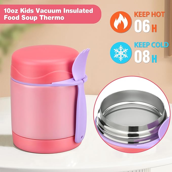 10oz Insulated Food Jar, Thermo for Hot Food Lunch Container, Stainless Steel Lunch Box for Kids with Spoon (Pink)