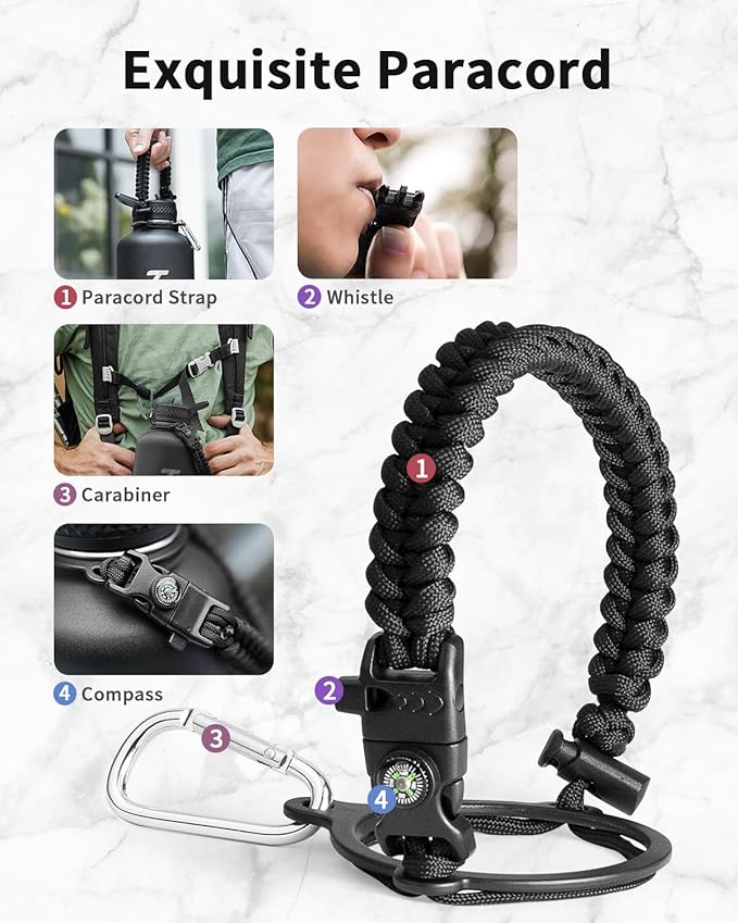 Trebo Water Bottle 87 oz with Paracord Handle, Double Wall Vacuum Stainless Steel Insulated Water Jug (Keep Cold 48hrs),Leakproof Flask For Hot Drinks with Straw Spout Lids, Black