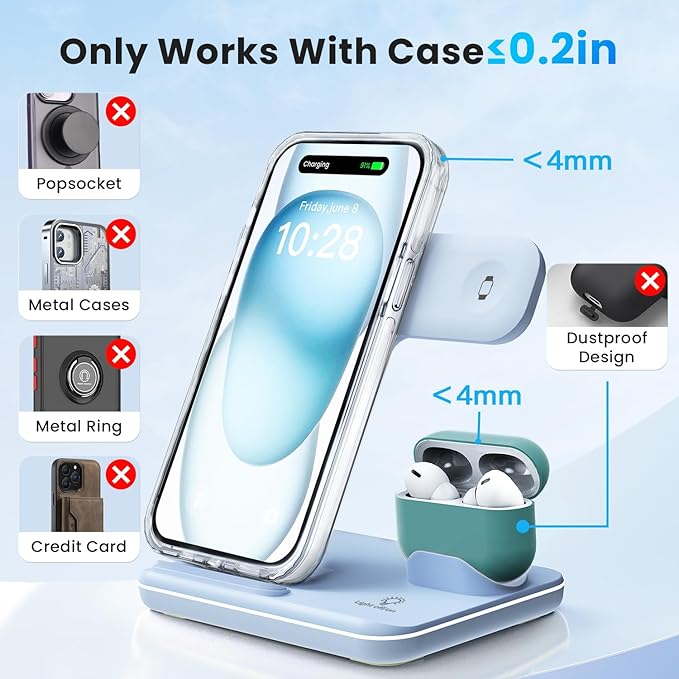 WAITIEE Wireless Charger 3 in 1 Charging Station for for iPhone 16 15 14 13 12 11 X 8 & for Apple Watch, for AirPods 1/2/3/Pro/Pro 2 with Lightning Charging Case(Blue)