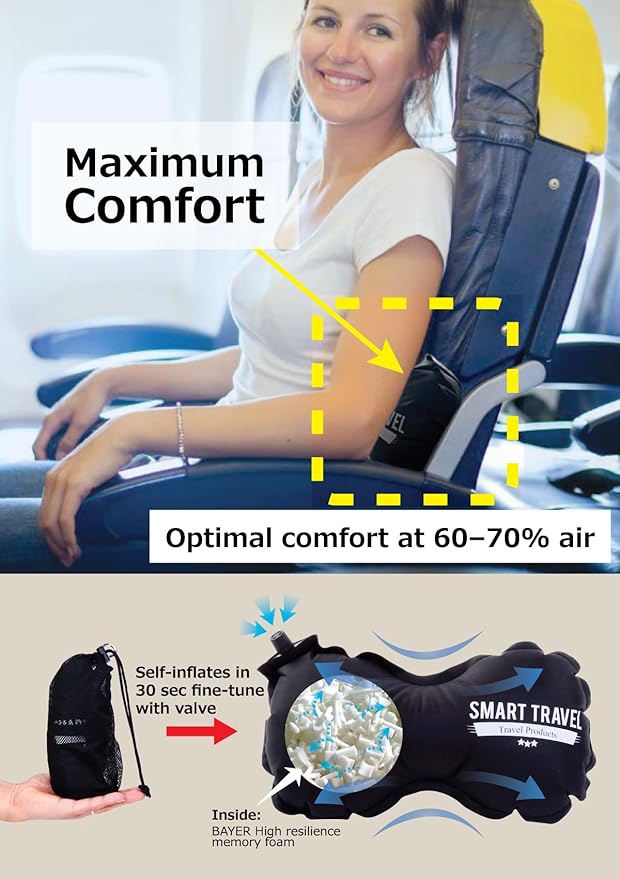 SmartTravel Travel Products Lumbar Pillow Inflatable Lumbar Support Pillow Travel Pillows for Airplane Long Flight Essential for Women Men Kids