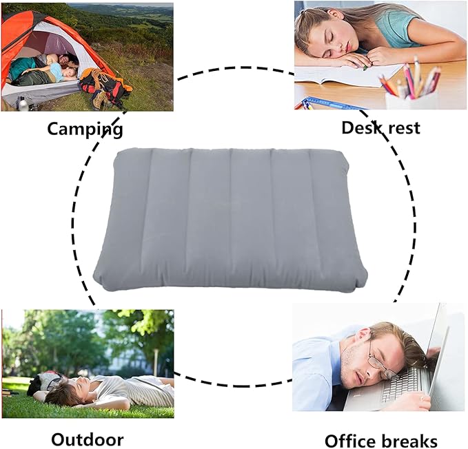 Ultralight Inflatable Camping Pillow Squared Flocked Fabric Air Pillow for Beach Hiking,Camping,Traveling,Napping,Desk Rest,Neck Lumbar Support Grey