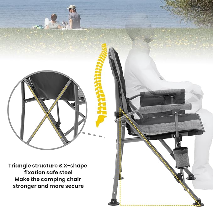 XGEAR Camping Chair with Padded Hard Armrest, Sturdy Folding Camp Chair with Cup Holder, Storage Pockets Carry Bag Included, Support to 400 lbs