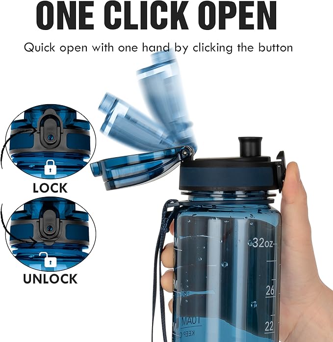 OLDLEY Water Bottle 32oz, Durable and Leakproof Water Bottles Motivational with Time Marker, Tritan, BPA Free, Wide Mouth, Gym, Travel, Home, School, Office, Midnight Blue (1 Bottle)