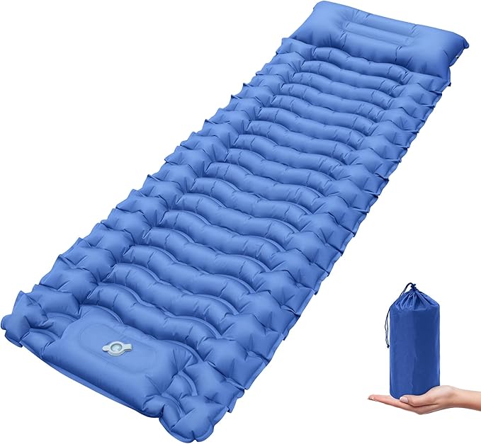 Self Inflating Sleeping Pad for Camping, Portable 4" Extra-Thick Camping Cots for Adults with Pillows & Built-in Foot Pump, Ultralight Camping Mattress for Tent Hiking Essentials Gear (Blue, Single)