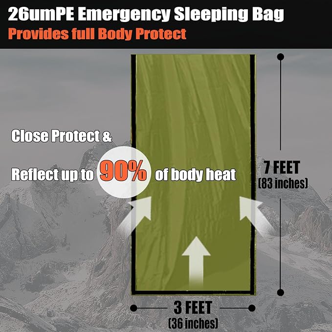 Frelaxy Emergency Sleeping Bag 1-Pack/2-Pack, Extra-Thick Compact Survival Bivy with Whistle, Storage Pouch, and EVA case, Perfect for Survival Kits (Army Green - 2 Pack)