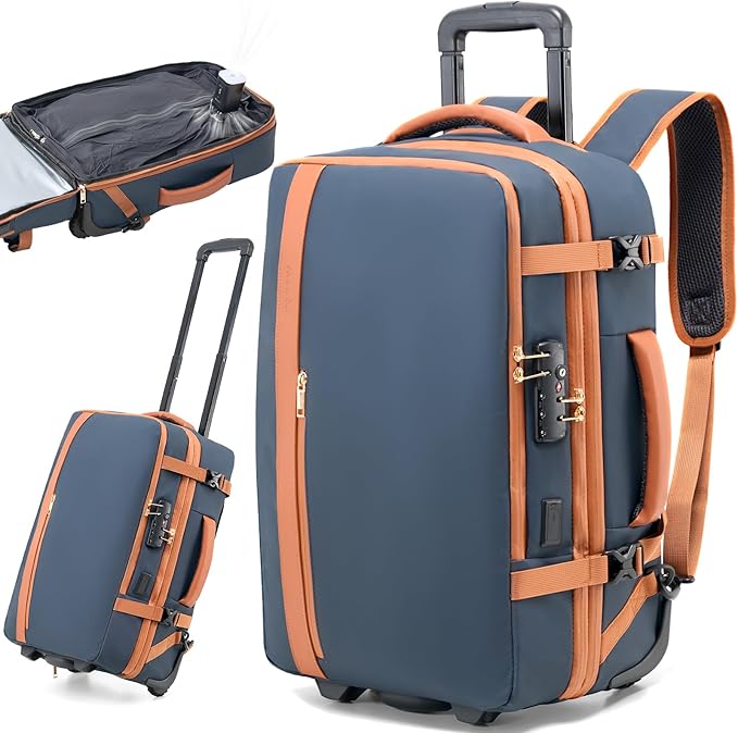 Fanwoli Vacuum Rolling Travel Backpack, Carry On Luggage with TSA Lock & Anti Theft Zipper, 70L Expandable Airback with Compression Pump, Waterproof Laptop Bag Ideal for Flight & Business