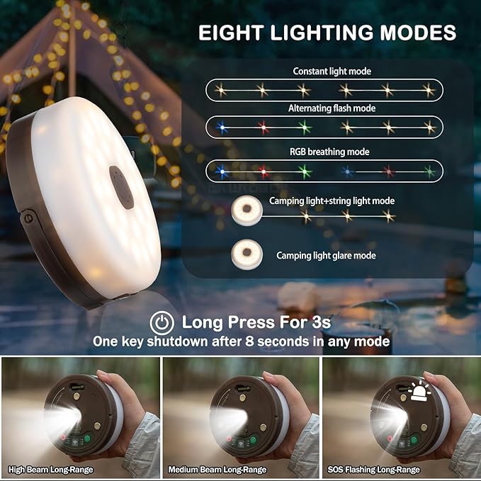 Camping String Lights with Remote Control, 4 in 1 Outdoor Camping Lantern (32.8Ft) with Quick 30s Recovery, Waterproof, Type-C Fast Charging, Portable Camping Lights for Camping/Yard/Hiking
