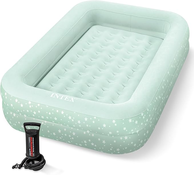 Intex Kids Travel Air Mattress Inflatable Bed with Raised Sides and Hand Pump - Portable Blow-Up Toddler Traveler Bed for Children's Naps or Sleep