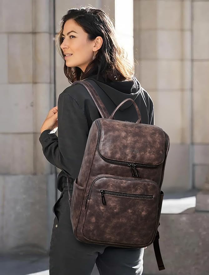 Leather Backpack for Women, Fits 17 Inch Laptop in Main Compartment, Dedicated 15.6 Inch Padded Sleeve, Large Vegan Leather Travel Computer Bag with Luggage Strap for Business and Work, Coffee